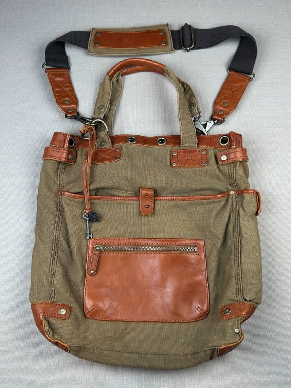 Will Leather Goods Canvas & Leather Tote Bag Khaki Brown Plaid Lining 15x14x3 OR